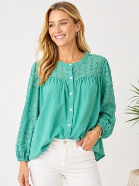 J.Crew Mint Green Eyelet Lace Button Front Blouse XXL Cotton